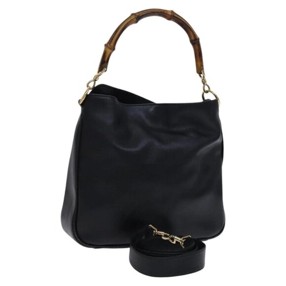 GUCCI Bamboo Hand Bag Leather 2way Black Gold - Picture 1 of 15